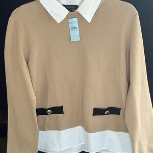 Ann Taylor Tan Sweater with White Collar and Black Accents
